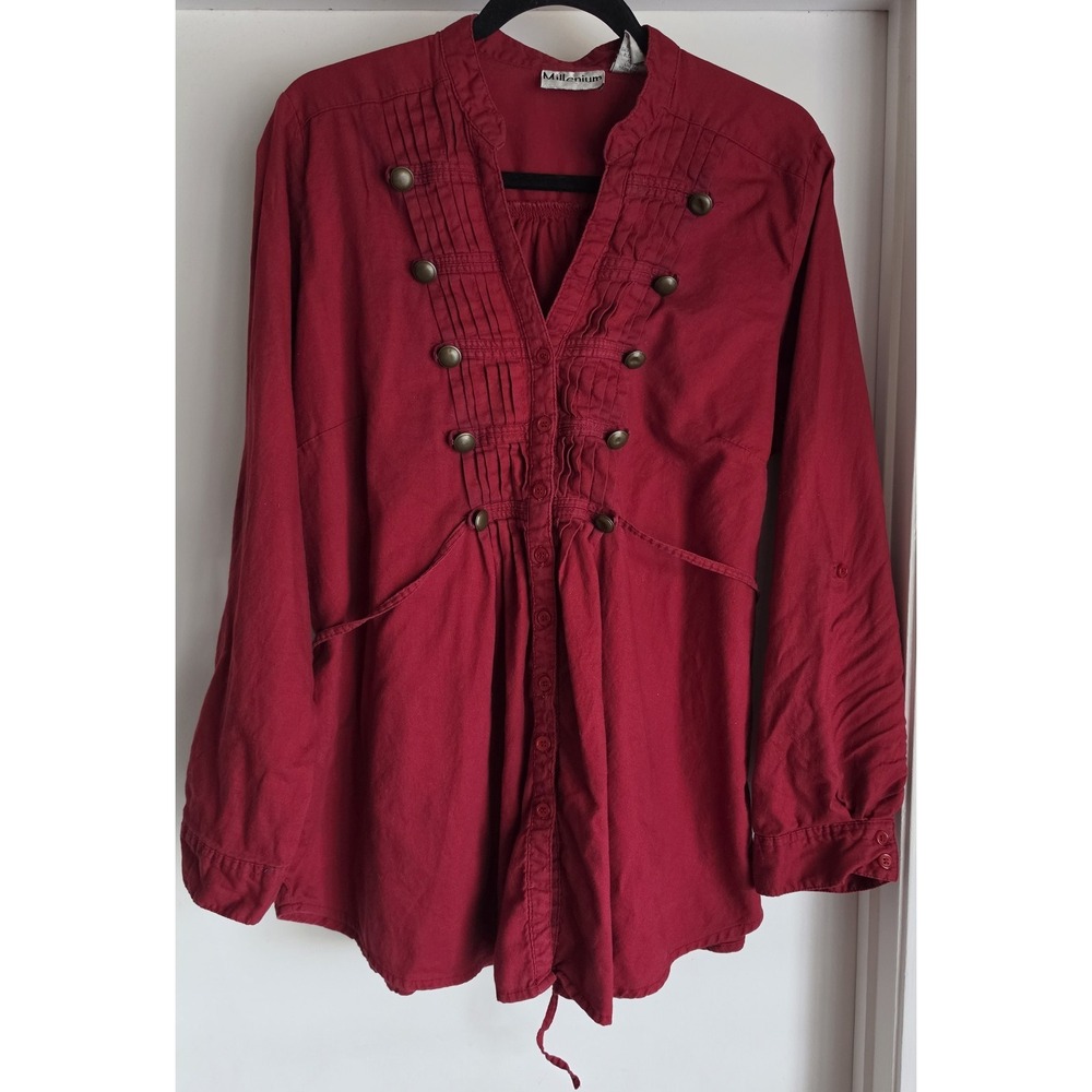 Vintage Millenium Women Blouse 2X Red Cotton Military-Inspired Boho